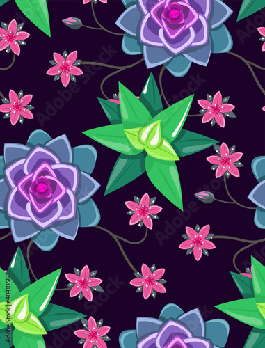 Seamless pater flowers succulents on dark background