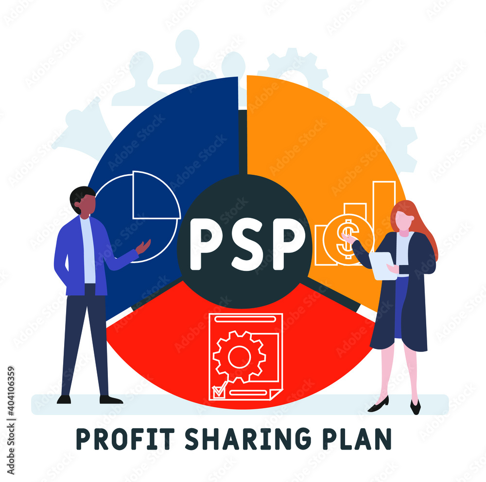 Flat design with people. PSP - Profit Sharing Plan acronym, business concept background. Vector illustration for website banner, marketing materials, business presentation, online advertising. Flat design with people. PSP - Profit Sharing Plan acronym, business concept background. Vector illustration for website banner, marketing materials, business presentation, online advertising.