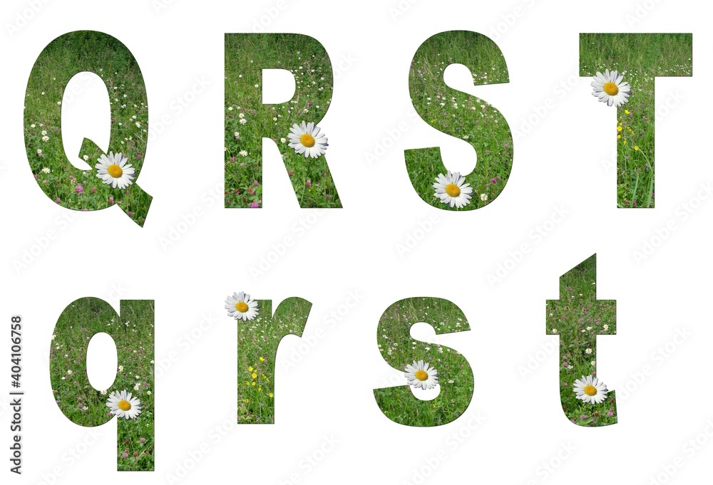 Floral collage. Letters q, r, s, t from grass and flowers
on white background. Floral collage. Letters q, r, s, t from grass and flowers
on white background.