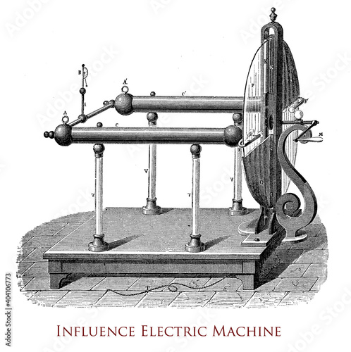 Wimshurst influence machine, electrostatic generator for high voltages with two rotating discs on a vertical plane, two crossed bars with metallic brushes and a spark gap between two metal sphere photo