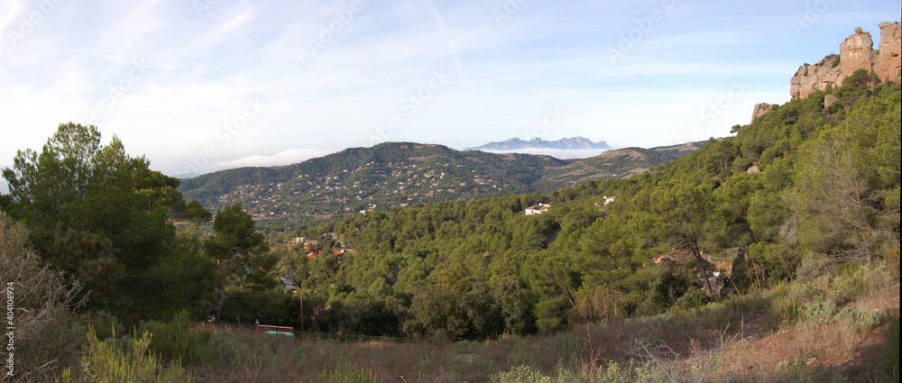 Panorama of the forests and mountains of La Mola, in Catalonia, in the province of Barcelona (Spain). Next to Montserrat. View of Montserrat. Catalonia, El Vallès
