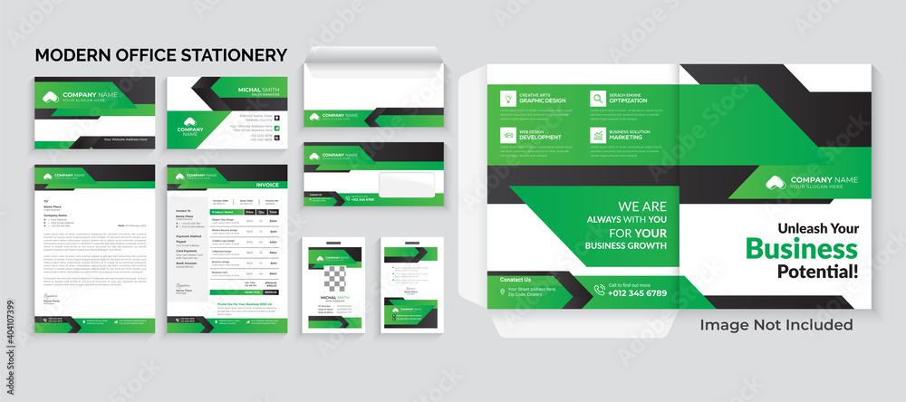 Corporate Identity Print Template Set of Business Card, Id Card, Letterhead, Invoice, Envelope, Presentation Folder. Office Stationery Template. Business stationery background design collection.
