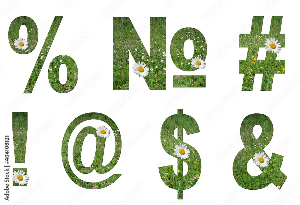 Flower collage. Symbols %,?, &, $ of grass and field colors on a white background. Flower collage. Symbols %,?, &, $ of grass and field colors on a white background.