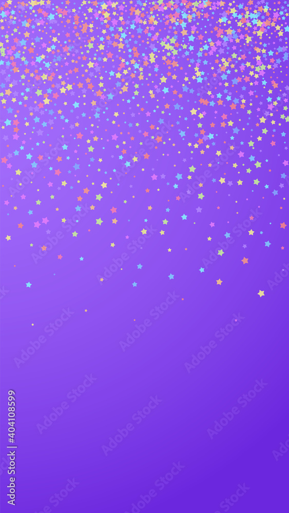Festive grand confetti. Celebration stars. Colorful stars dense on violet background. Great festive overlay template. Vertical vector background.