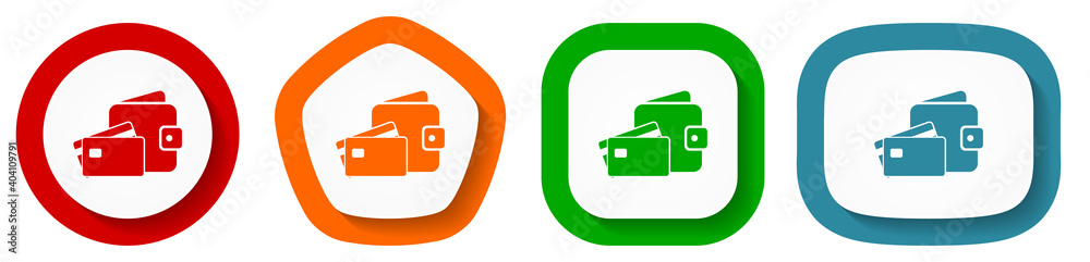 Obraz premium Wallet and credit cards, business vector icon set, flat design buttons on white background