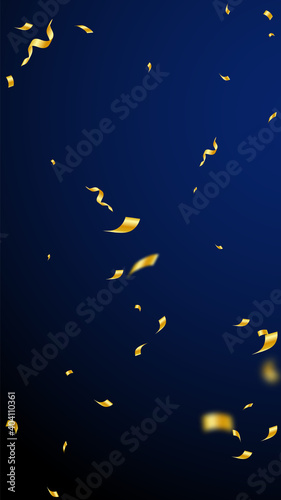 Streamers and confetti. Gold streamers tinsel and foil ribbons. Confetti explosion on dark blue background. Beautiful party overlay template. Incredible celebration concept.
