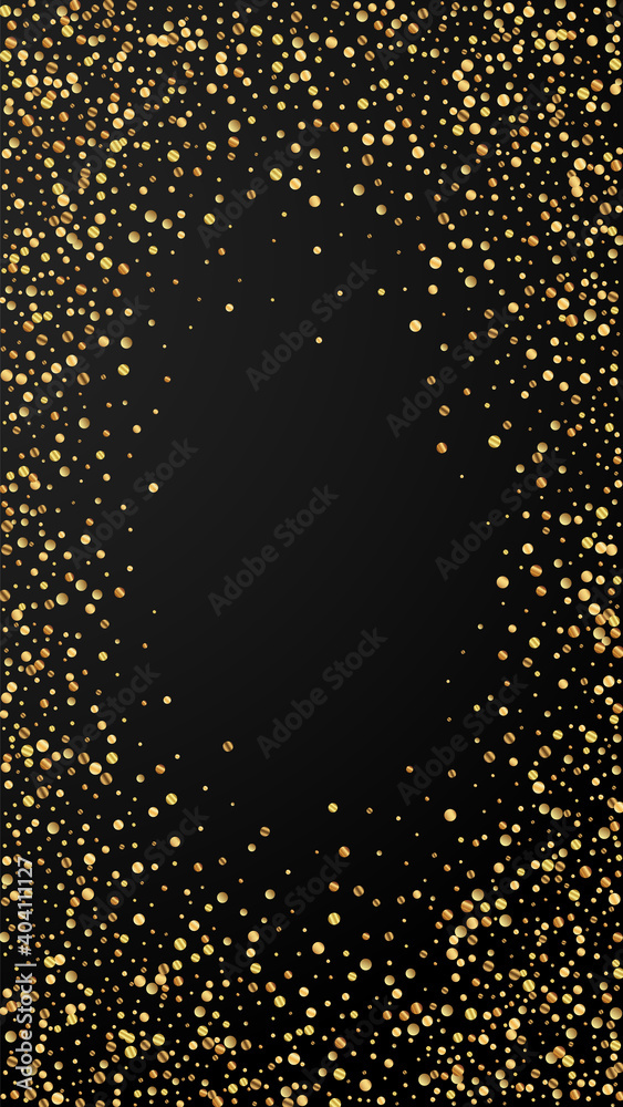 Festive mesmeric confetti. Celebration stars. Gold confetti on black background. Fascinating festive overlay template. Vertical vector background.
