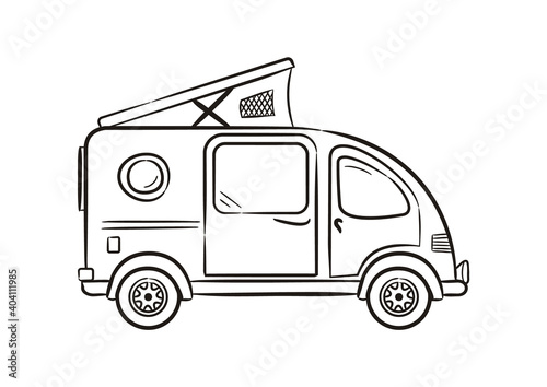 Hand-drawn minivan with lifting roof. Motorhome isolated on white background. Contour Vector illustration on the theme of travel, caravanning, camping, hiking and motorhomes.