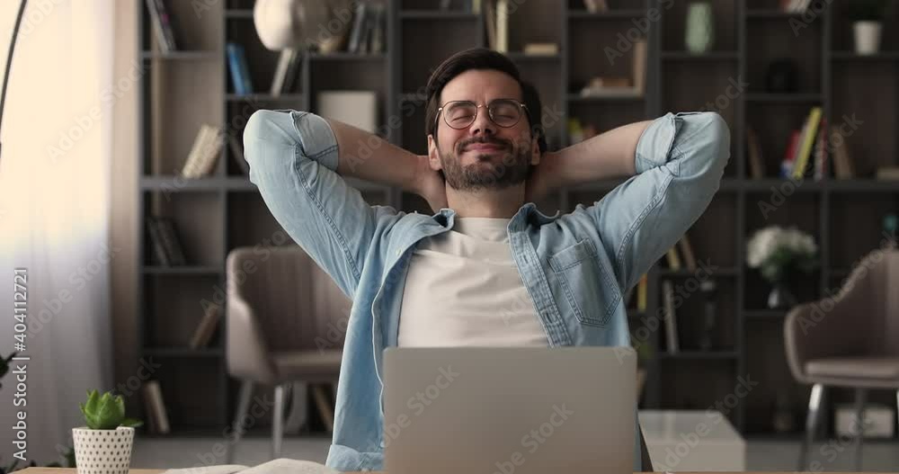 Employee accomplish project preparation take break lean on office chair feels satisfaction by work done, freelancer finish telecommute job relaxing breath fresh air-conditioned air enjoy pause concept