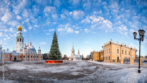 Kremlin square of the city of Vologda on a winter day with a Christmas tree