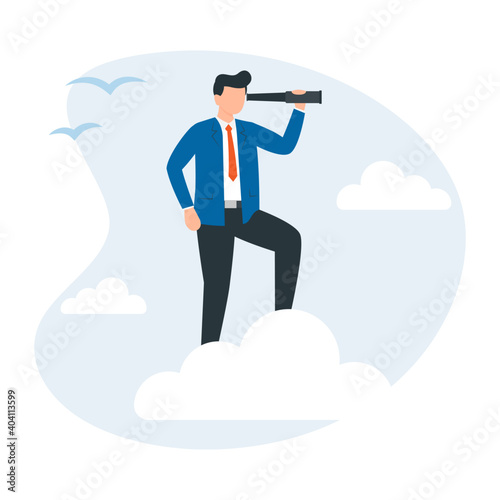Businessman standing on the cloud with a telescope looking for success. © StockVector