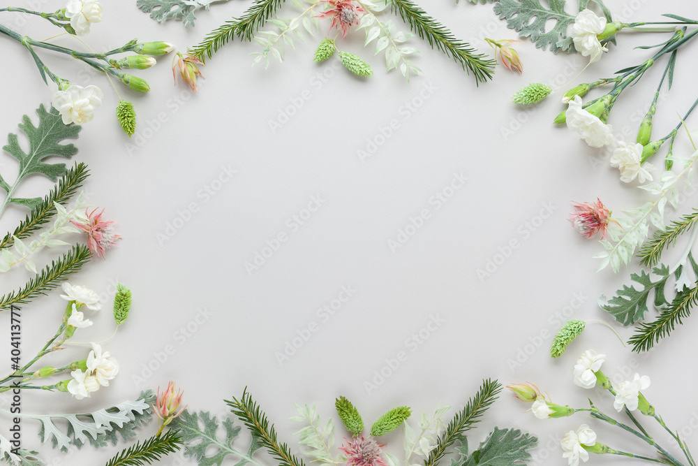 White and coral flowers and silver-green leaves on pastel grey background. Flowers composition with copy space, flat lay.