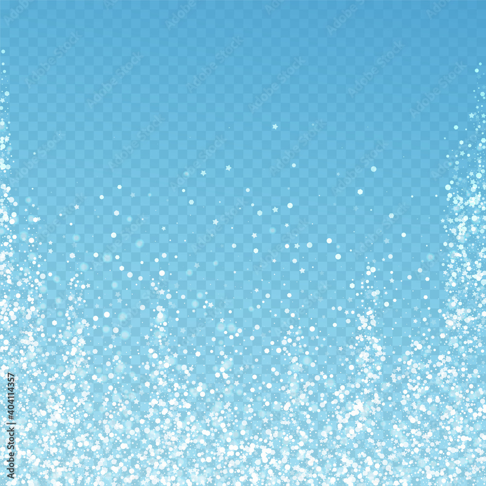 Magic stars Christmas background. Subtle flying snow flakes and stars on blue transparent background. Admirable winter silver snowflake overlay template. Outstanding vector illustration. Magic stars Christmas background. Subtle flying snow flakes and stars on blue transparent background. Admirable winter silver snowflake overlay template. Outstanding vector illustration.