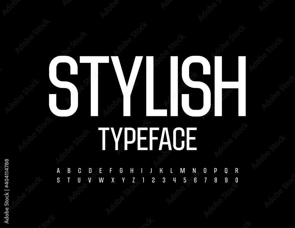 Vector Stylish Typeface. White Alphabet Letters and Numbers set. Uppercase modern Font
