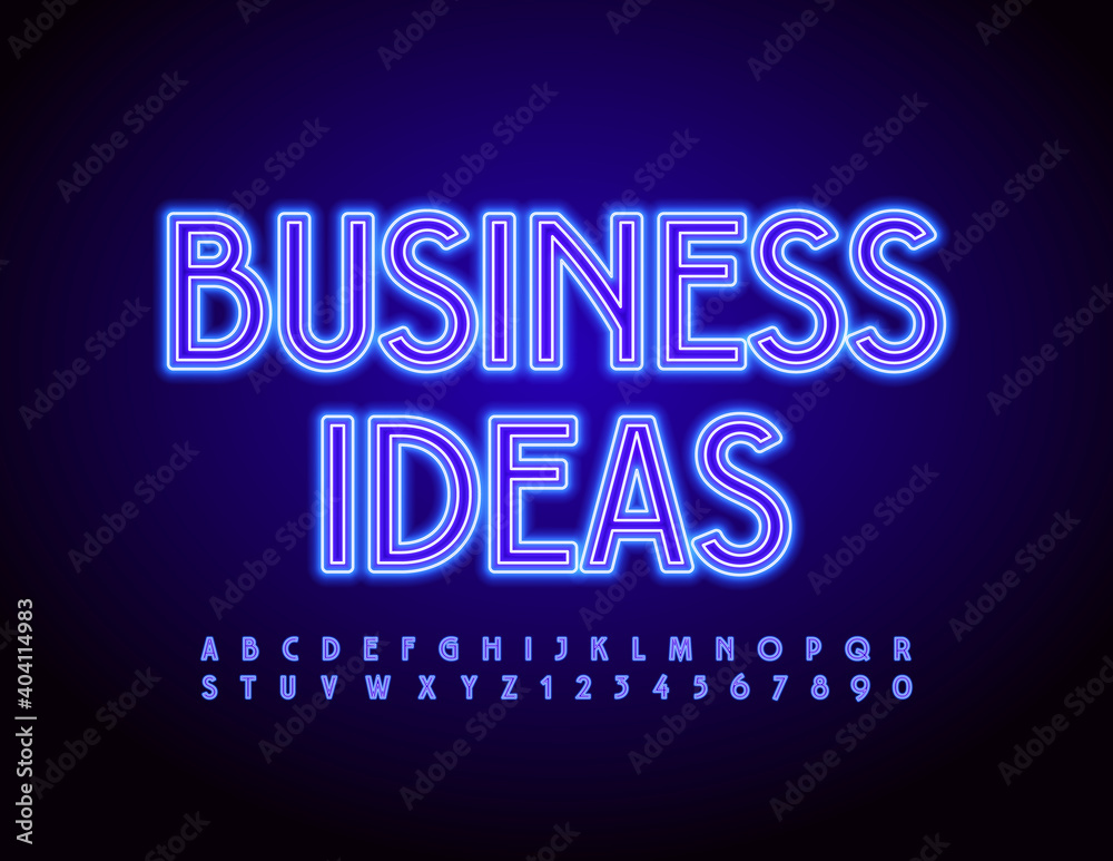 Vector glowing sign Business Ideas. Bright Neon Alphabet Letters and Numbers set. Electric light Font
