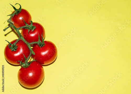 Branch of juicy cherry tomatoes on a yellow background