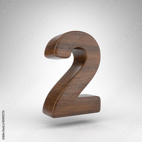 Fototapeta Naklejka Na Ścianę i Meble -  Number 2 on white background. Dark oak 3D rendered number with brown wood texture.