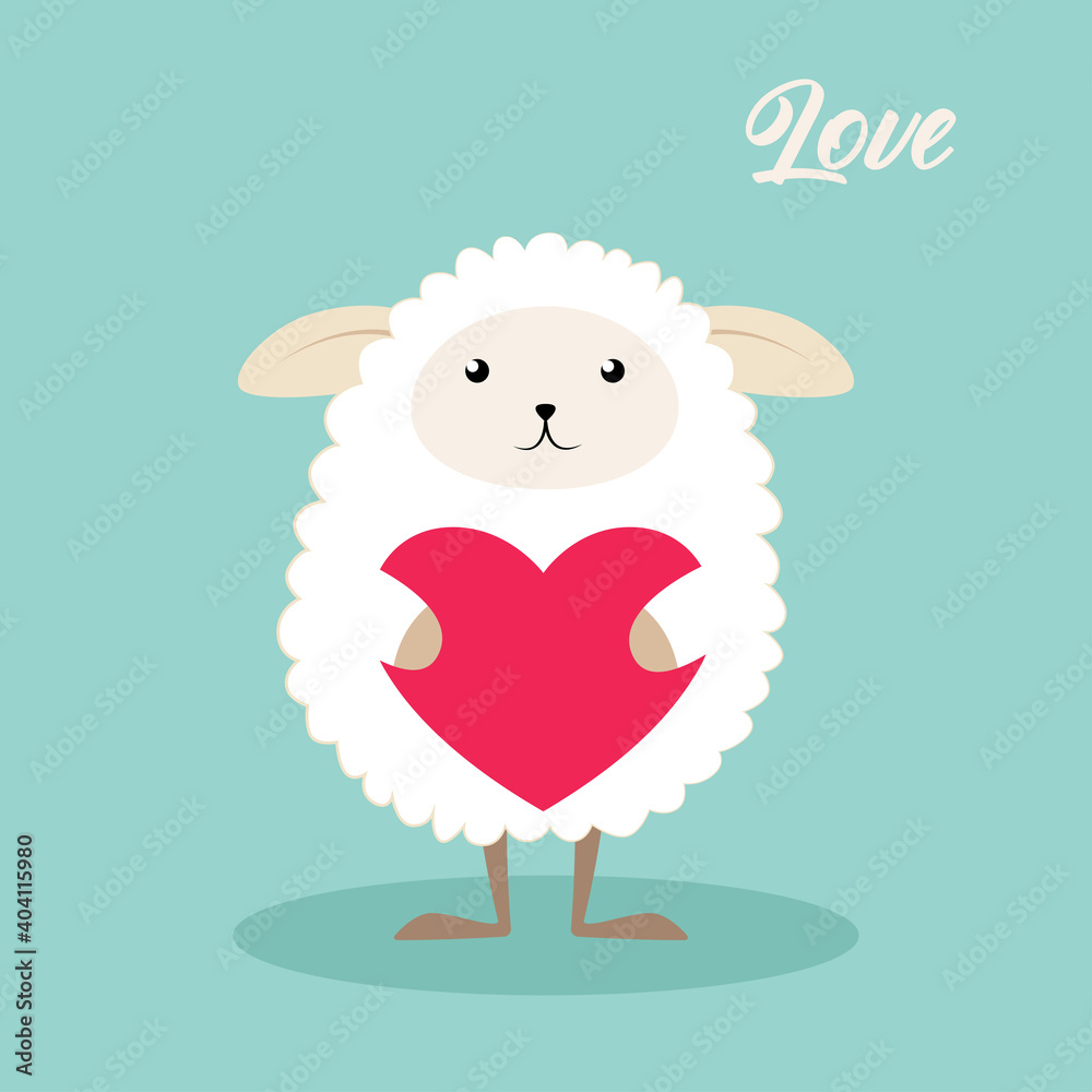 A cute kawaii sheep holds a heart in its paws. Love lettering. Template for a postcard, poster, banner, invitation. Vector flat illustration in flat style.