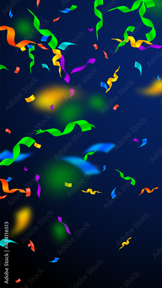 Streamers and confetti. Festive streamers tinsel and foil ribbons. Confetti gradient on dark blue background. Bewitching party overlay template. Overwhelming celebration concept.
