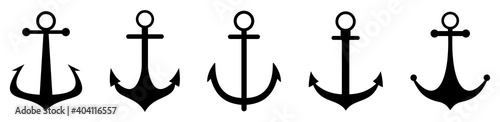 Set of anchor icons. Simple, flat, black anchor silhouette icon. Vector illustration