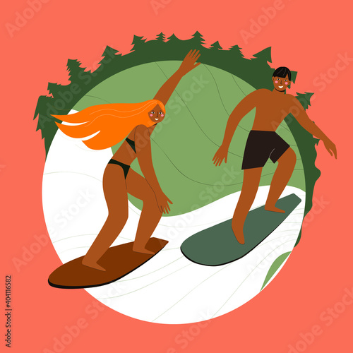 girl and boy are engaged in wakesurfing