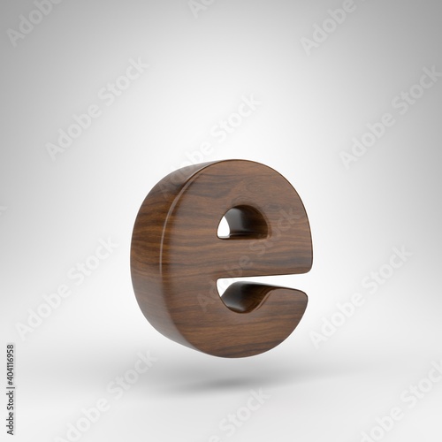 Letter E lowercase on white background. Dark oak 3D rendered font with brown wood texture.