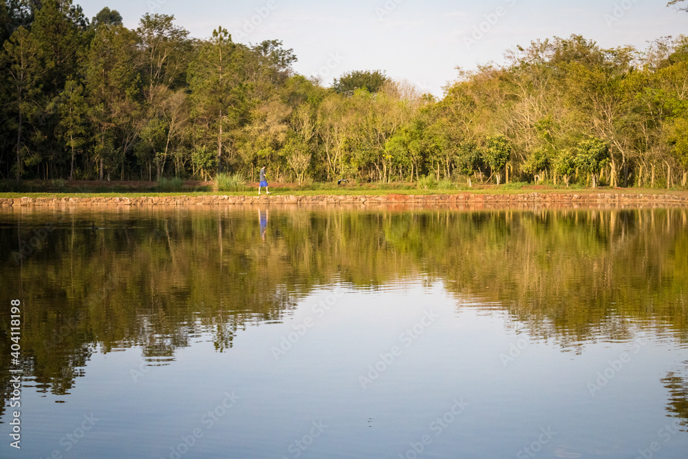 Beautiful lake with calm waters reflecting around trees bordering the lake Beautiful lake with calm waters reflecting around trees bordering the lake