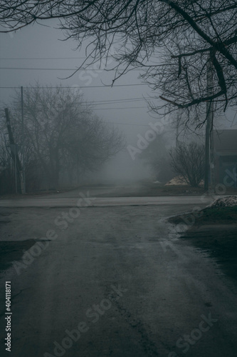 City in fog, road to unknown, cloudy weather