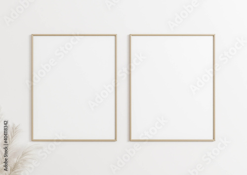 Two Vertical 8x10 Frame Mockup. Double Vertical wood frame on a white wall. Boho Style