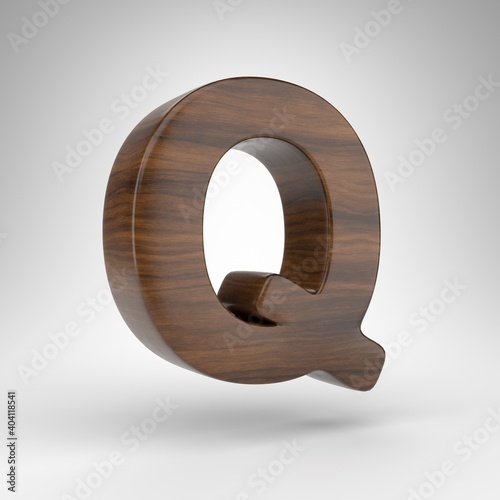 Fototapeta Naklejka Na Ścianę i Meble -  Letter Q uppercase on white background. Dark oak 3D rendered font with brown wood texture.