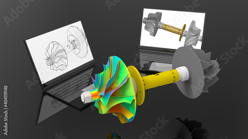 3D rendering - design a shaft with a turbine on a laptop photo