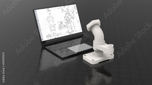 Foto 3D rendering - computer aided design on a laptop