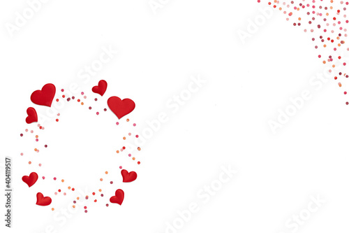 Valentine's Day background. Flat Lay with hearts and confetti on white background with copy space