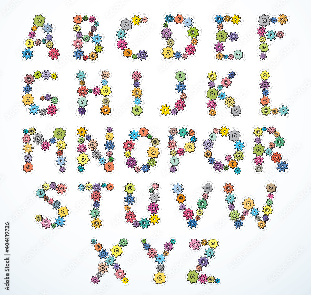 Vector alphabet of cheerful caricature hand-drawn characters consisting of spinning gears Vector alphabet of cheerful caricature hand-drawn characters consisting of spinning gears