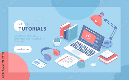 Video tutorials. Distance education E-learning. Online courses, lessons, webinars. Internet studying, training. Laptop with video on screen. Isometric vector illustration for banner, website.
