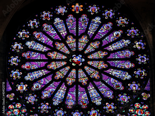 Colorful stained glass windows in the Basilica of Saint-Denis near Paris, France