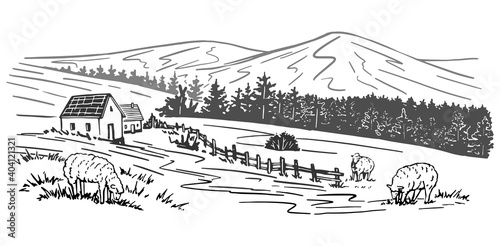 Hand drawn vector rural landscape. Houses, trees, mountain, sheeps. Monochrome graphic illustration isolated on white. Drawing in vintage engraving style for design wrap, print, poster, card, sticker.