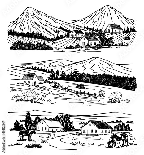 Set of rural landscapes. Houses, trees, mountain, livestock. Hand drawn vector illustrations. Black graphic drawings isolated on white. Sketches in vintage style for design wrap, print, poster, cards.