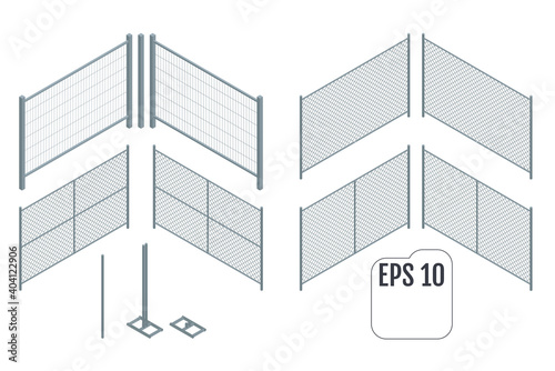 Isometric metal fence sections. Vector