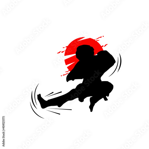 Illustration silhouette flying kick kid martial art design vector on white background