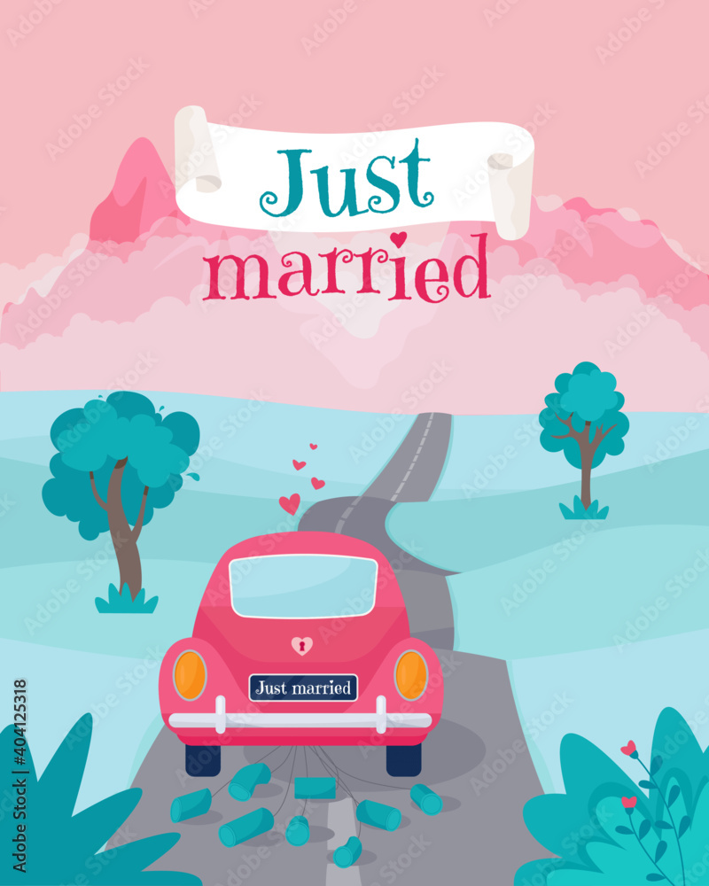 Just married greeting card with cute retro car to went honeymoon trip. Vector illustration in flat style