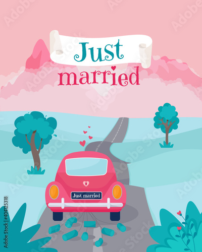 Just married greeting card with cute retro car to went honeymoon trip. Vector illustration in flat style