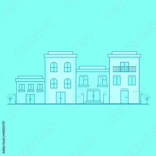 City street - modern thin line design style vector illustration on white background. Pink colored high quality composition with facades of houses, apartment buildings, church, tree, shop, citizens
