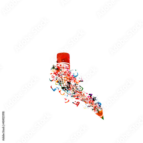 Colorful pencil with Arabic Islamic calligraphy symbols and musical notes for creative writing, idea and inspiration, composing, education and learning concept vector illustration
