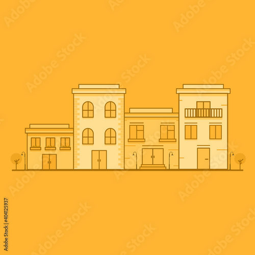 City street - modern thin line design style vector illustration on white background. Pink colored high quality composition with facades of houses, apartment buildings, church, tree, shop, citizens
