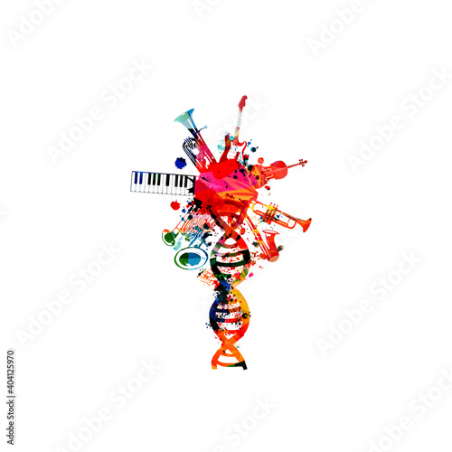 Colorful human DNA double helix with musical instruments isolated.  Creative music concept with sax, trumpet, violoncello, guitar, euphonium, double bell euphonium, piano keyboard vector illustration