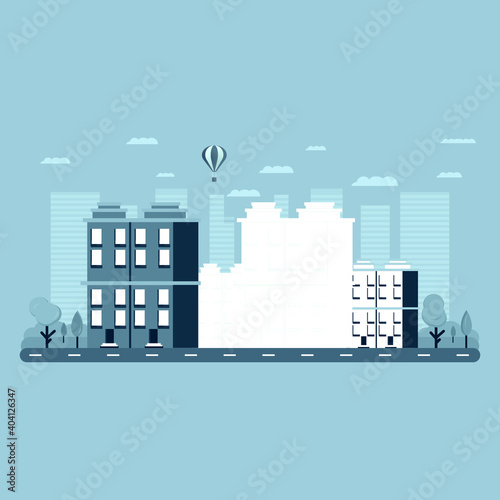 City street - modern thin line design style vector illustration on white background. Pink colored high quality composition with facades of houses, apartment buildings, church, tree, shop, citizens