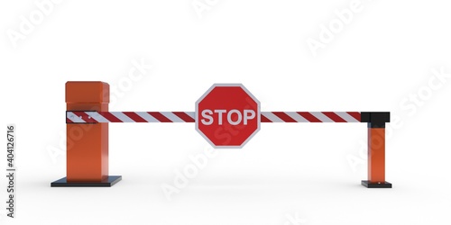 Фотография Closed barrier gate and stop sign isolated on white background