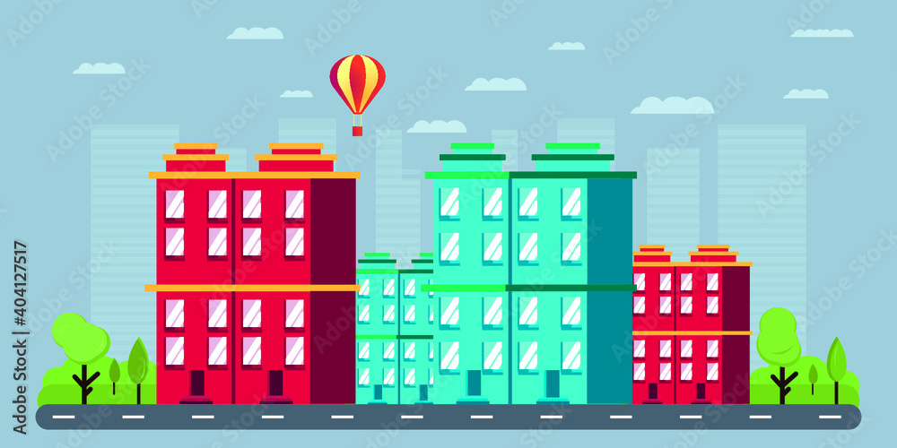 City street - modern thin line design style vector illustration on white background. Pink colored high quality composition with facades of houses, apartment buildings, church, tree, shop, citizens