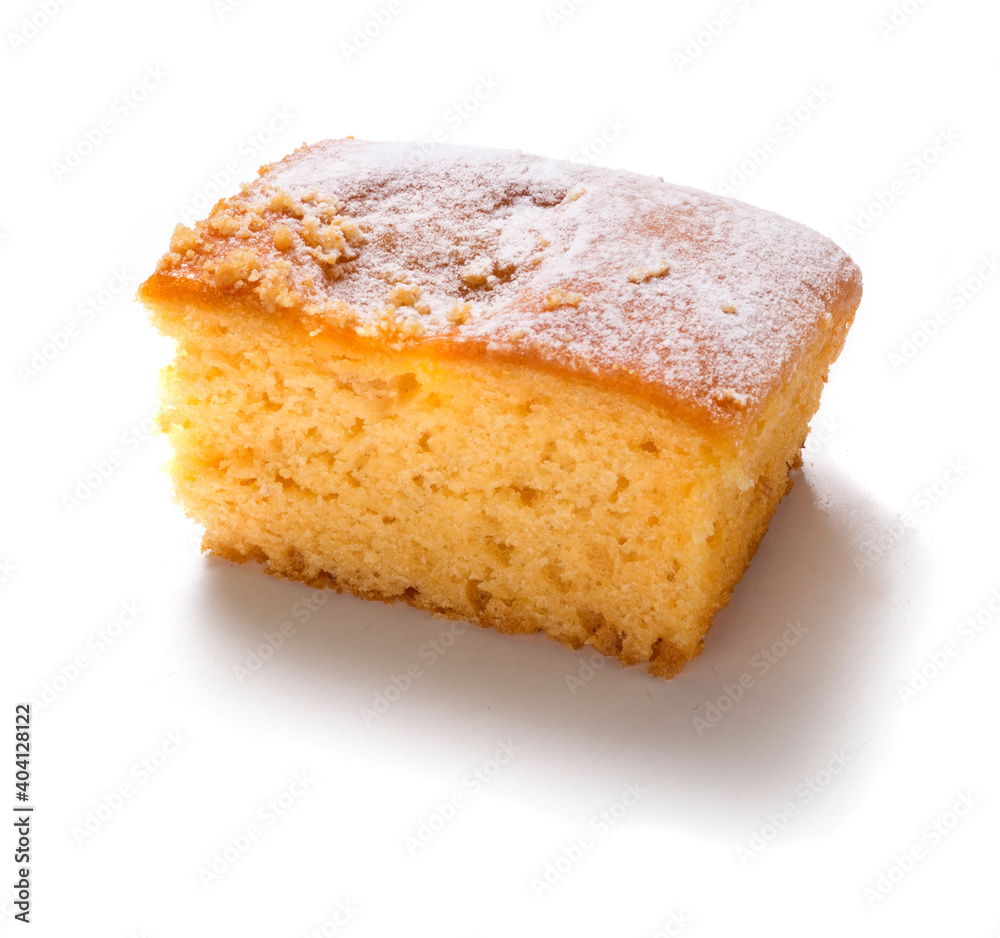Little slice of soft cake isolated with shadow on white background

